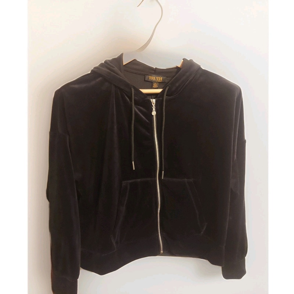TRUTH By Republic Womens L Velvet Jacket Black Silver Skull Track Velour Hoodie